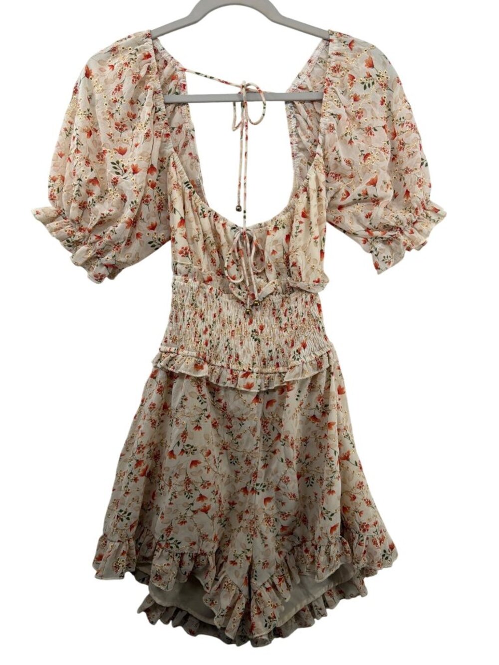 Saints + Secrets Womens Romper Sz S Beige Floral Ditzy Cottage Fairy Babydoll